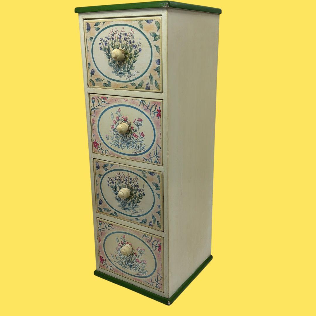 トールペイント 花柄 アンティーク家具 4段木製 スリムチェスト