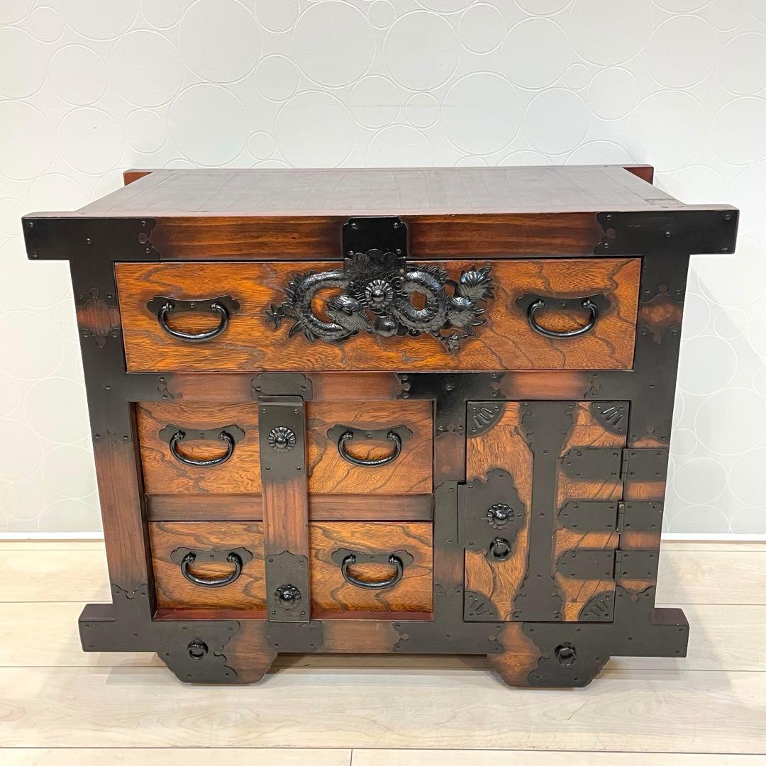 【希少】時代箪笥 車箪笥 和箪笥 龍金具 無垢材 民芸家具 レトロ アンティーク