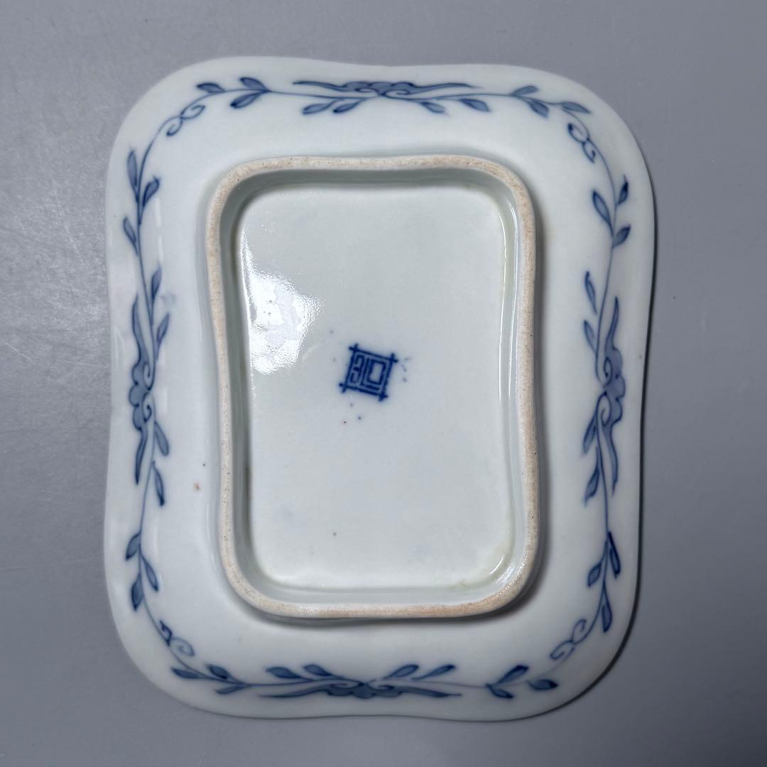 明治時代　有田焼　岩松平吾　色絵軍配形皿　五枚　角岩印　陽刻　珍品　残り僅か