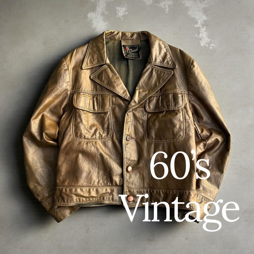 60’s ヴィンテージ レザートラッカージャケット 短丈 開襟 ブラウン 古着