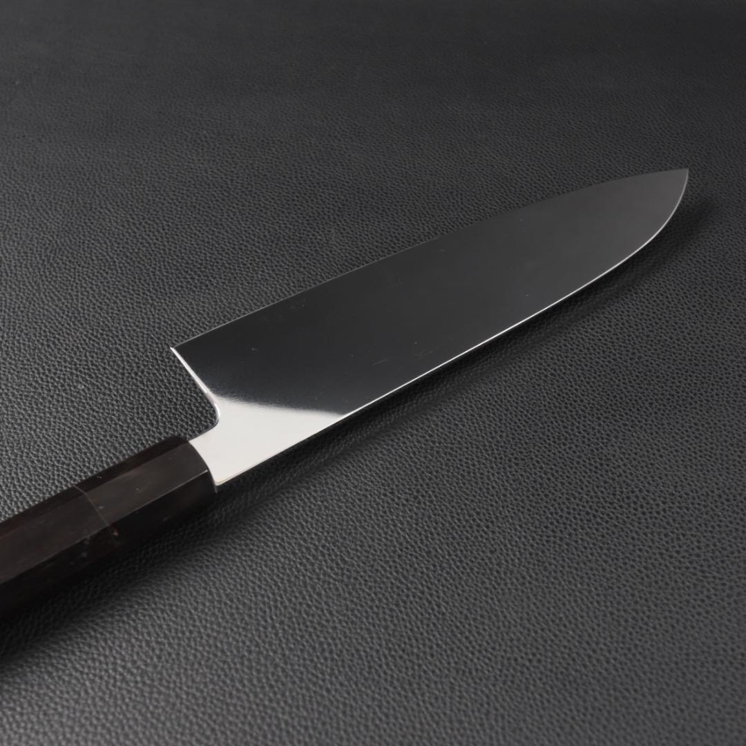 11038牛刀7寸家庭用 業務用 刺身包丁 鏡面仕上げ 両刃 黒檀黒水牛角八角柄