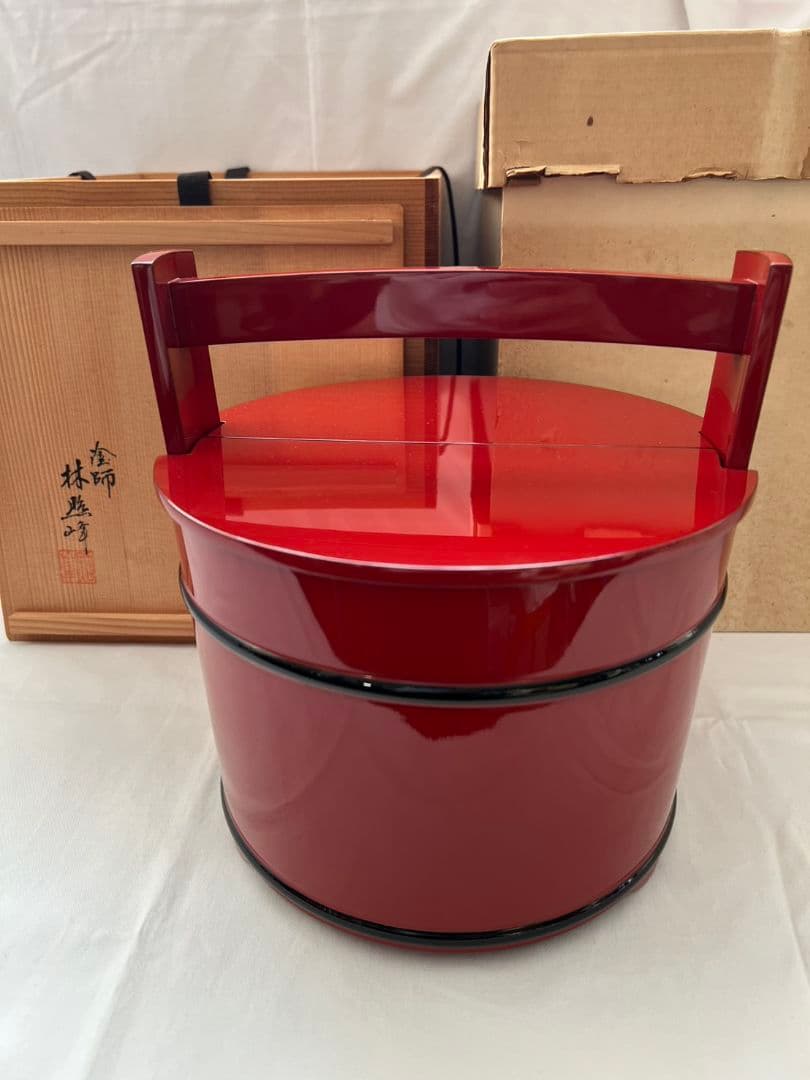 朱塗 黒筋 手桶 水指 塗師 林照峰 茶道具