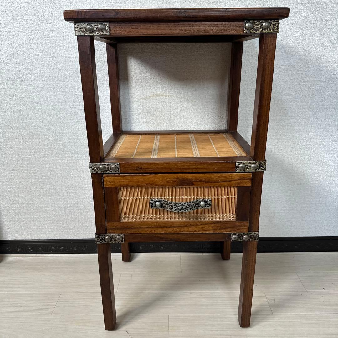 アジアン 民芸 簾 金属取手 金具 鋲打 電話台 花台 サイドテーブル i1※