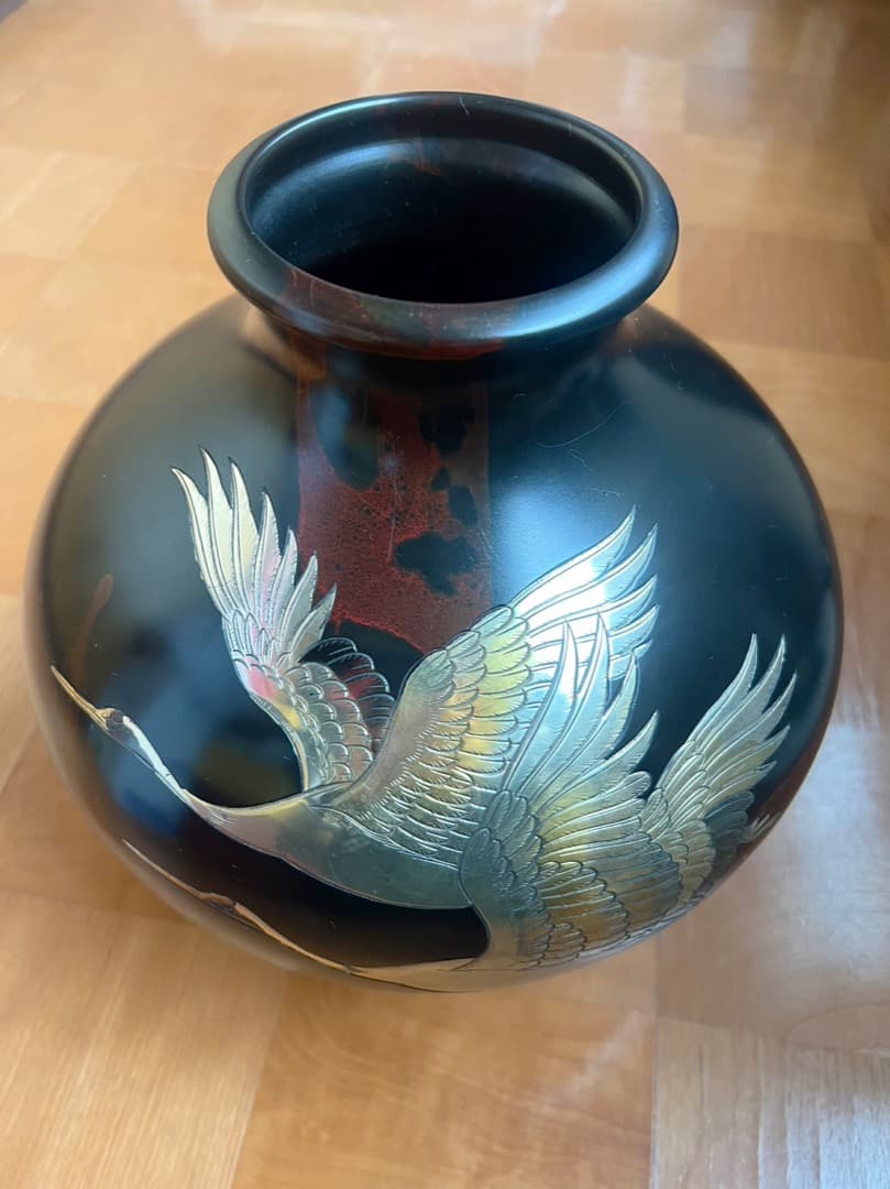 花器・花瓶・飾壺 双鶴彫金 真峰作 青銅(ブロンズ)製 高岡銅器