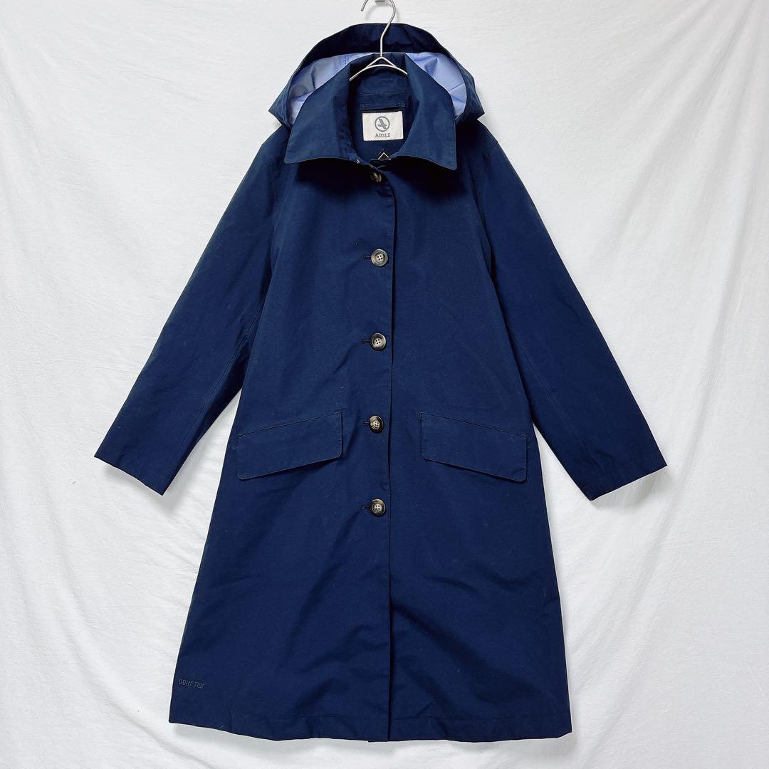 エーグル◆ゴアテックスステンカラーコート(M)紺 フード付き 防水 高機能素材