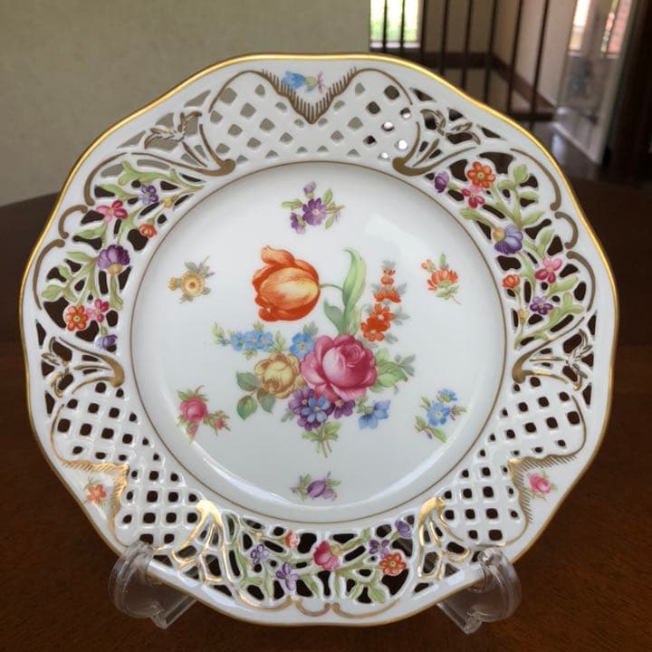 【美品】シューマンババリア★ドレスデンフラワー★ピアスプレート①