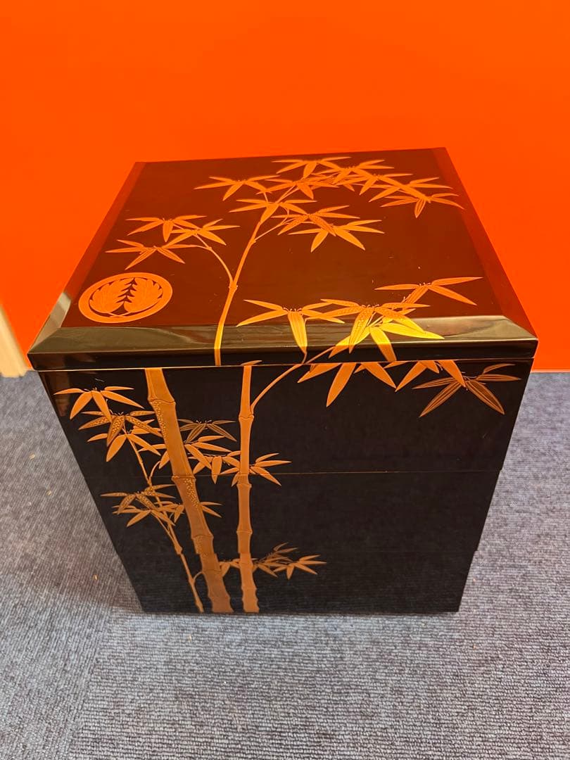 937 黒漆塗り沈金重箱　金蒔絵　竹　3重　高級　美品