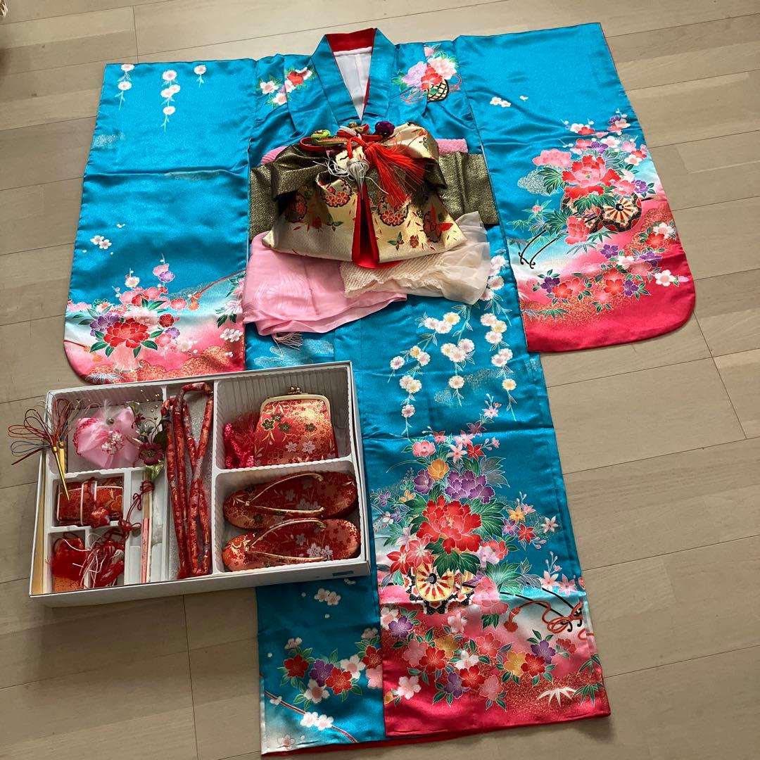 ★底値！百貨店購入7歳七五三フルセット青花柄 着物長襦袢紐小物和装一式セット★