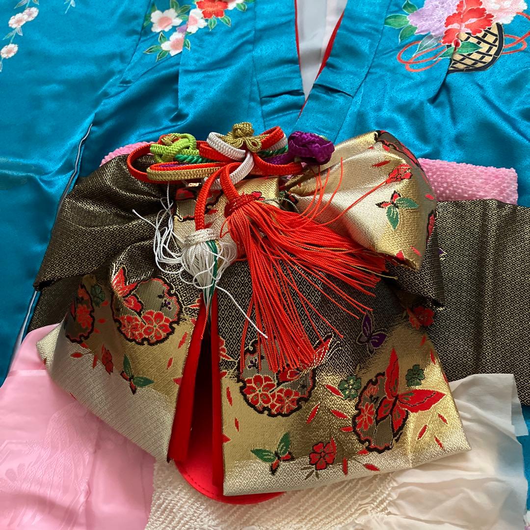 ★底値！百貨店購入7歳七五三フルセット青花柄 着物長襦袢紐小物和装一式セット★
