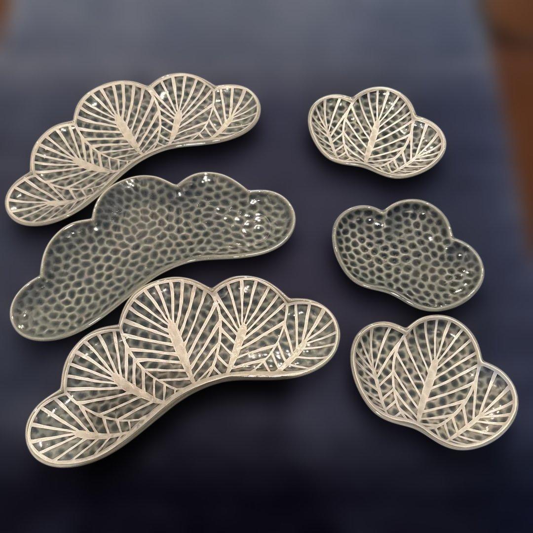 美品　幸楽窯　松葉型　縁起物　大小　3セットブルー（6枚）