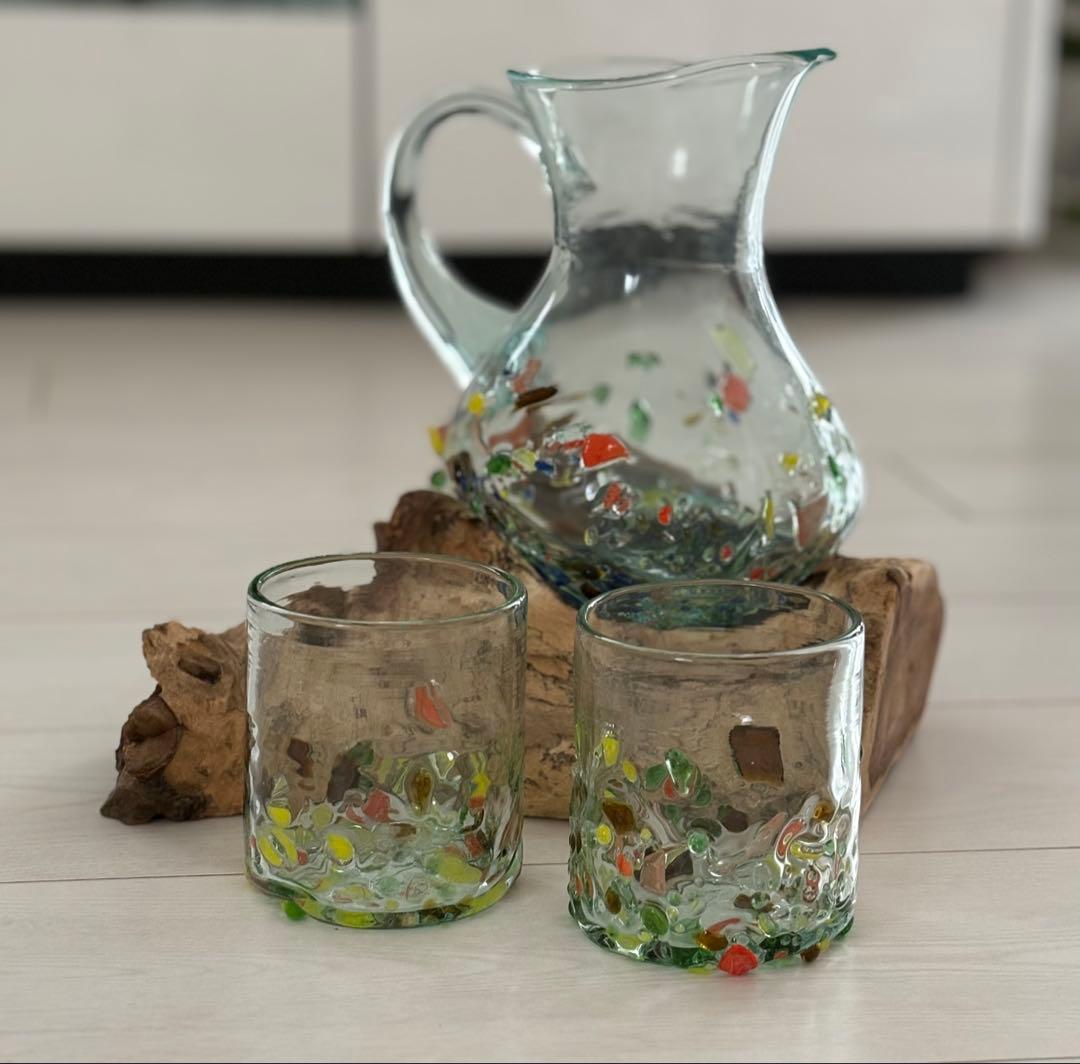 デキャンタ 水差しカラフルガラス製ピッチャーとグラスセット