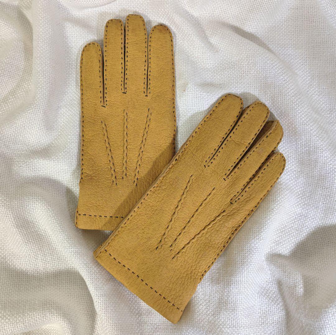 デンツDENTSハンドソーイングカシミヤライニングペッカリーレザーグローブ手袋黄