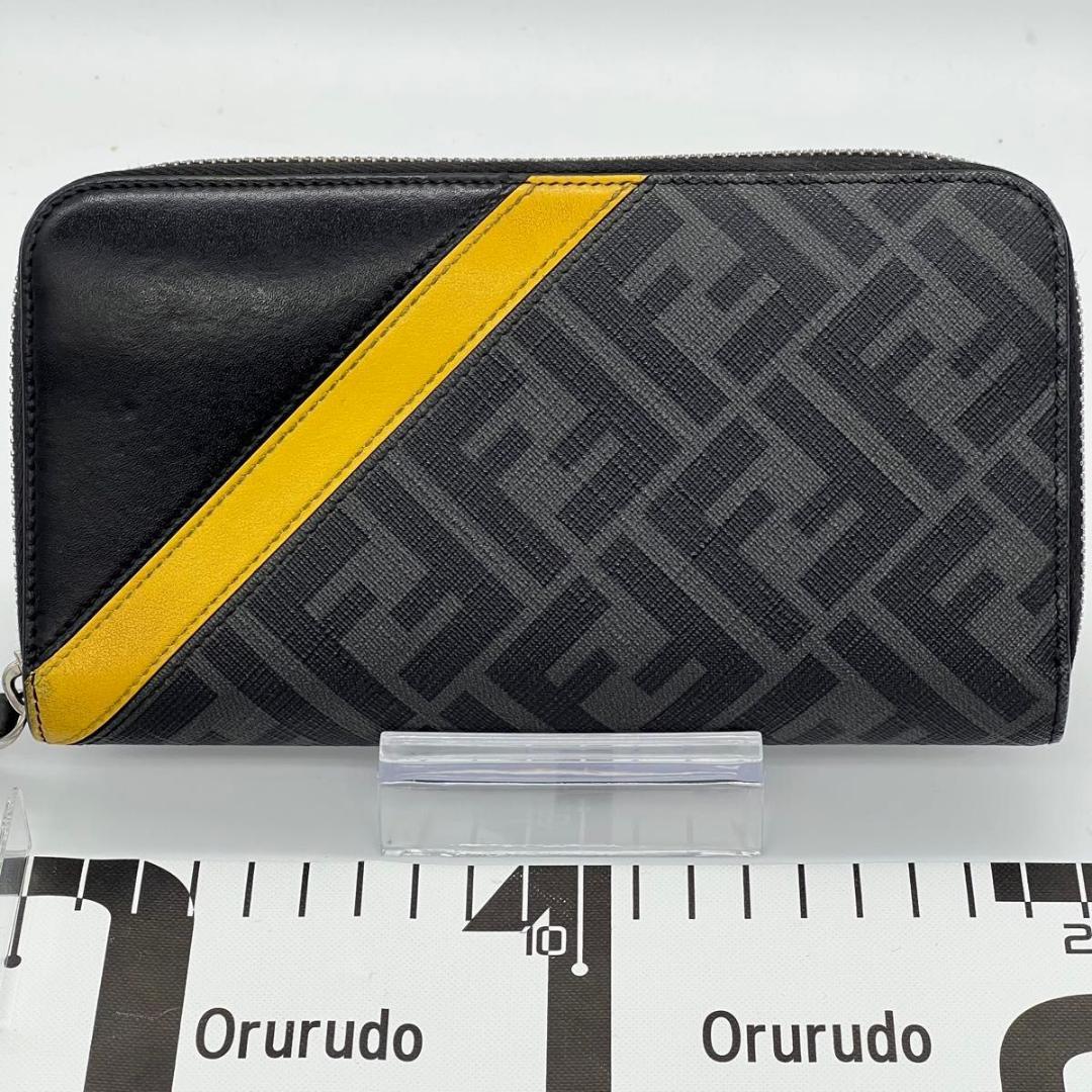 フェンディ ダイアゴナル　FF ズッカ柄 長財布 ブラック　イエロー レザー