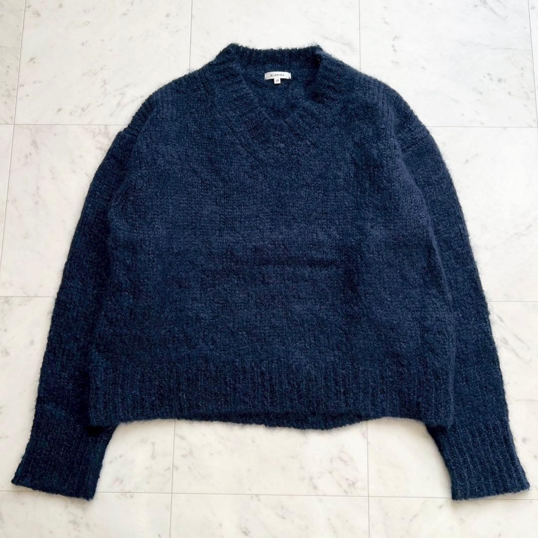 BLAMINK オーバーサイズ モヘヤ Vネックニット ネイビー 38