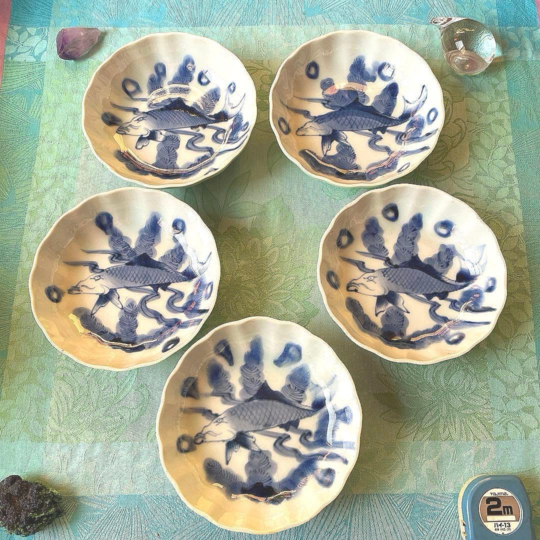 古伊万里　染付　魚　膾皿　5客