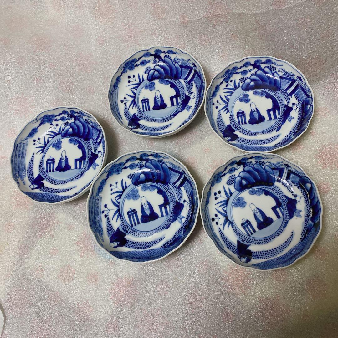 中国明中期　大明成化年製　青花　染付　賢人図　中鉢　5個　湯吞み　和食器　骨董