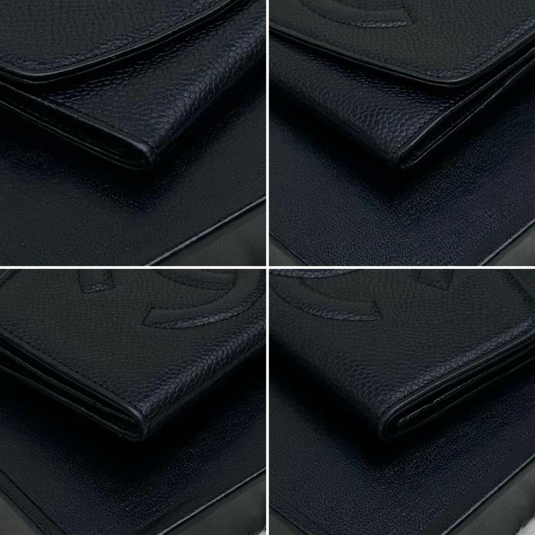 【美品】CHANEL ココマーク キャビアスキン 二つ折り財布 ブラック