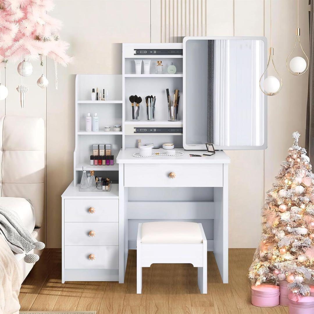 ドレッサー 鏡台 3段引き出し 化粧台 スライド式ミラー スツール付き ホワイト