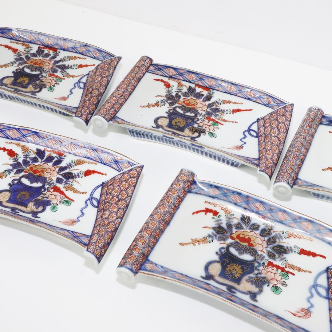 大聖寺伊万里 金襴手 生け花図 巻物形変形皿　5客　アンティーク