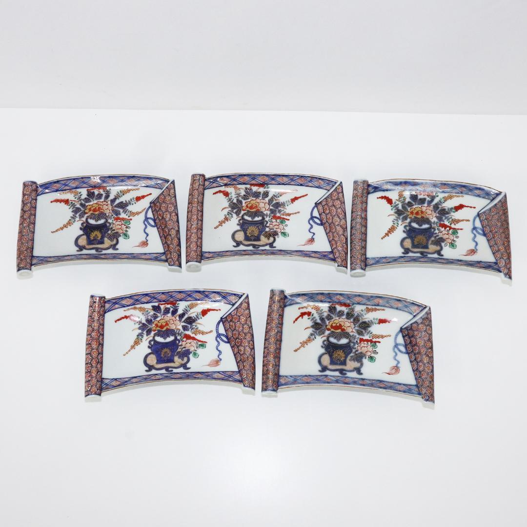 大聖寺伊万里 金襴手 生け花図 巻物形変形皿　5客　アンティーク