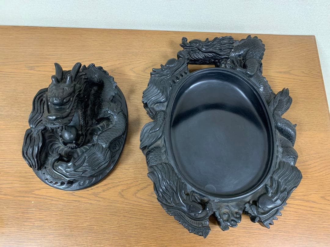藍浦白雲石特製　硯石　龍　置物　すずり