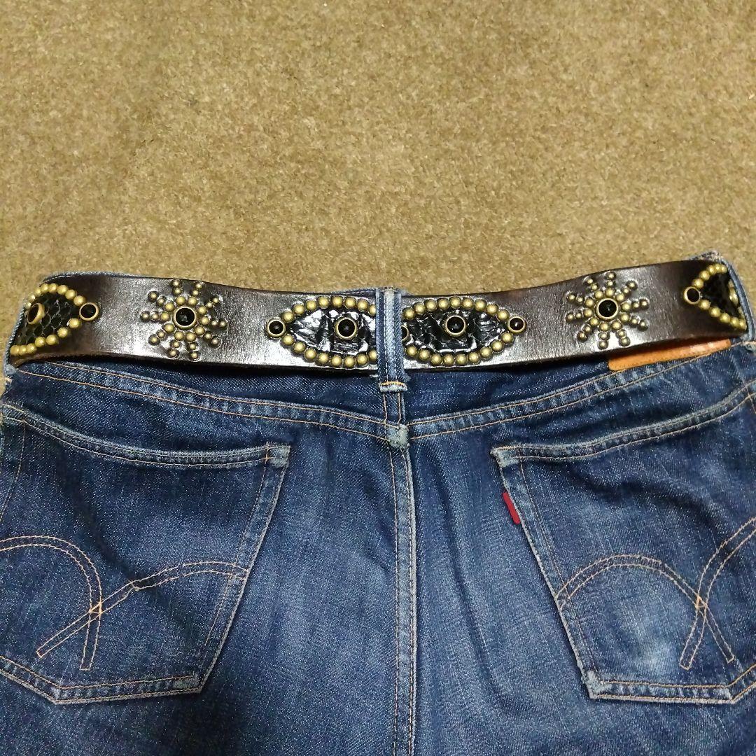 36inch HTC 茶芯 ピーナッツ レザー スタッズベルト ブラック