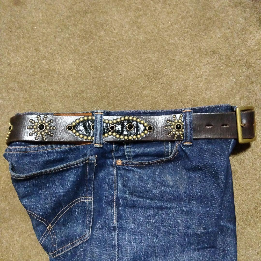 36inch HTC 茶芯 ピーナッツ レザー スタッズベルト ブラック