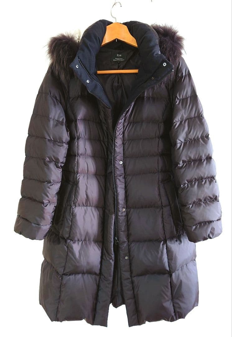 46 [23区L /オンワード樫山] フードファーラクーンダウンコート 軽量