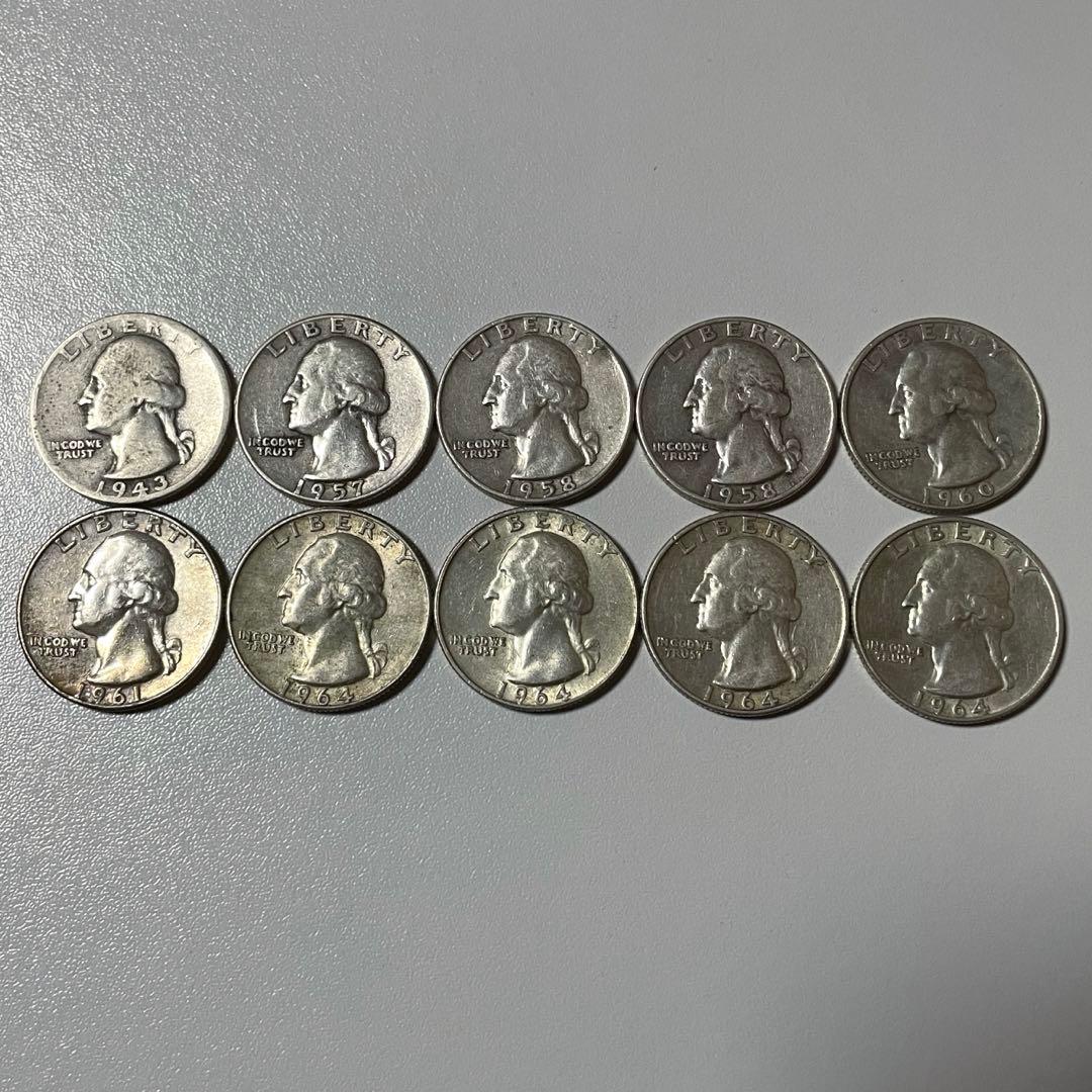 1964年以前のみ 銀製 ワシントンクォーターダラー 25セント硬貨 10枚