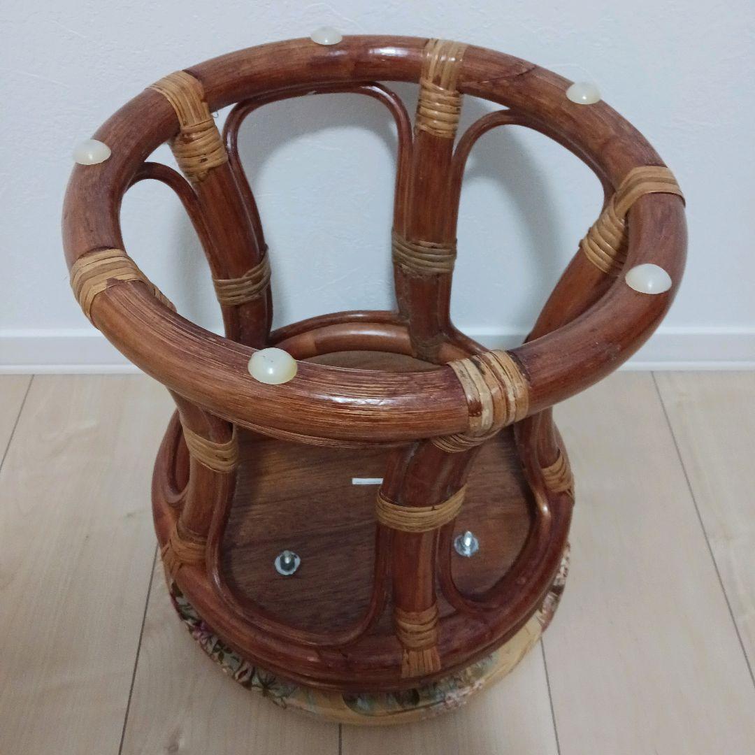 昭和レトロ 籐スツール 花柄クッション付 丸椅子回転