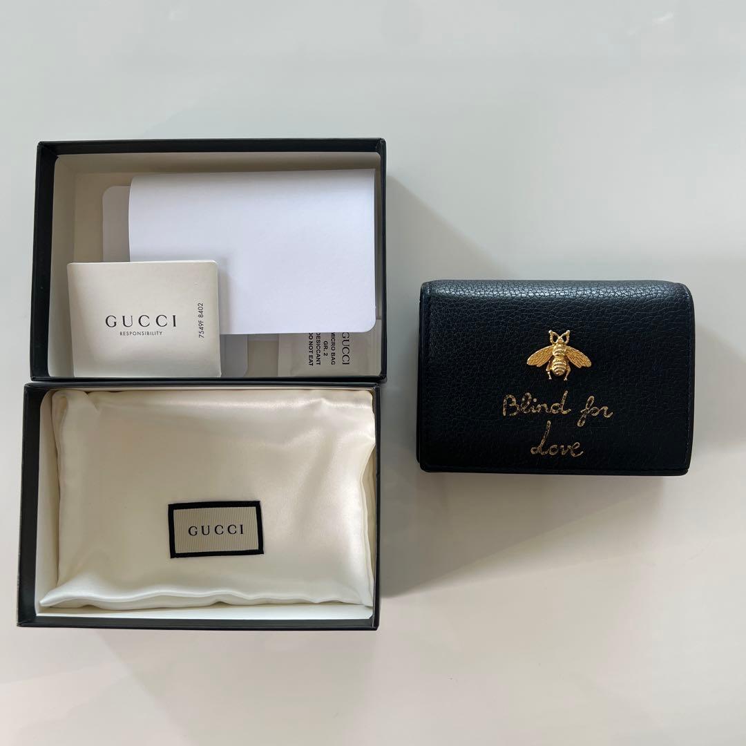 GUCCI 二つ折り財布 アニマリエ ビー ブラックレザー　蜂　ゴールド