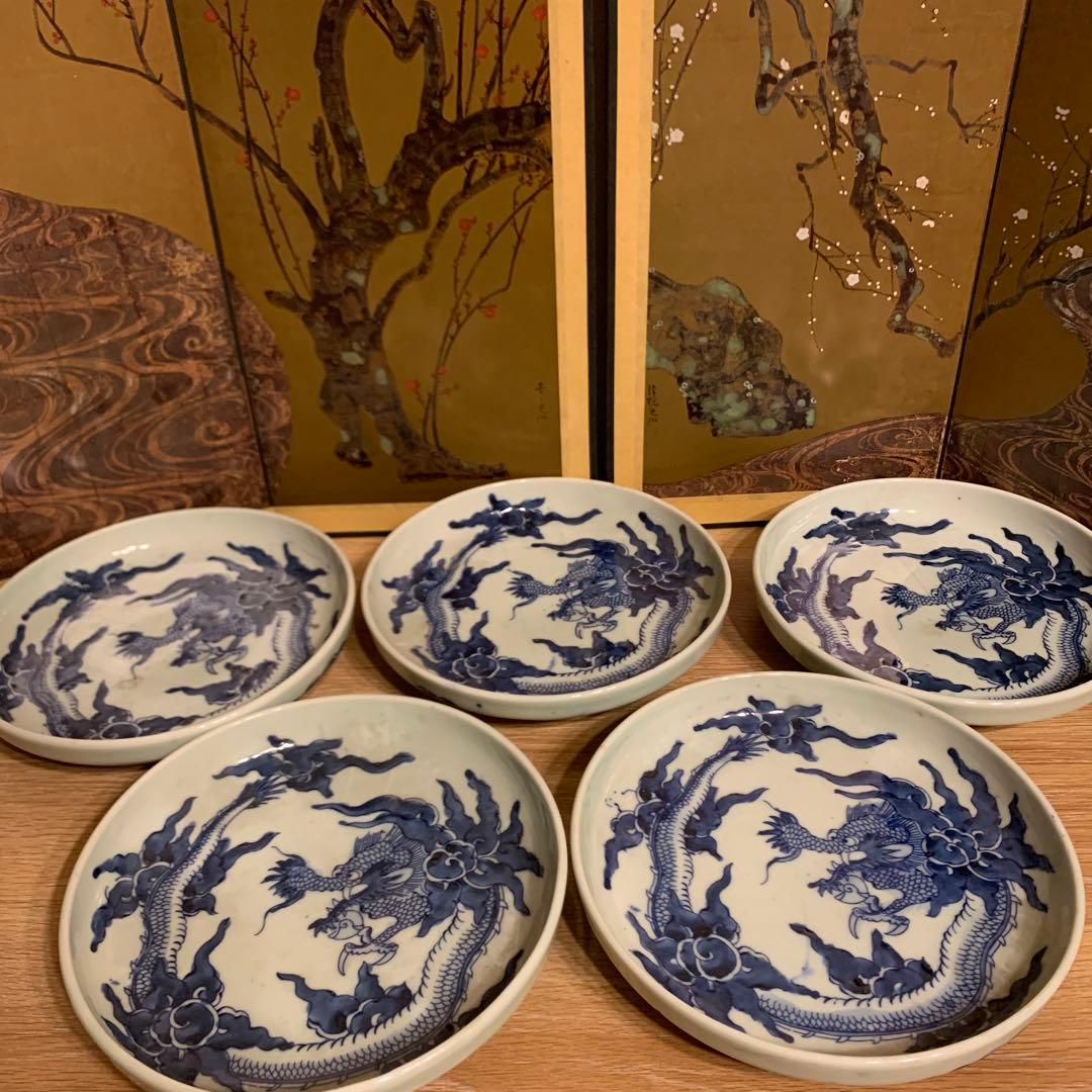 染付　竜紋 アンティーク　皿　5客