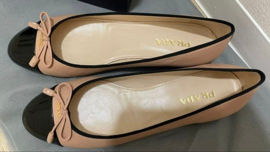 【試着のみ】PRADA＊エナメルフラットシューズ リボン付きパンプス バイカラー