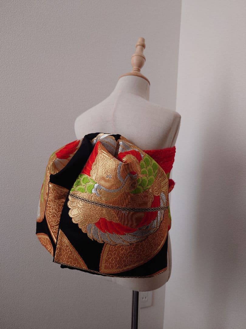 七五三　ハーフ成人式　ジュニア帯　大人用正絹袋帯からの作り帯　鶴柄　1点物　黒