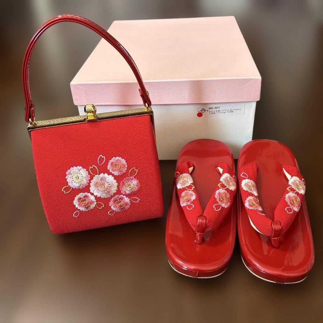 七五三　7歳　草履・バッグ　2点セット　ちりめん　八重桜