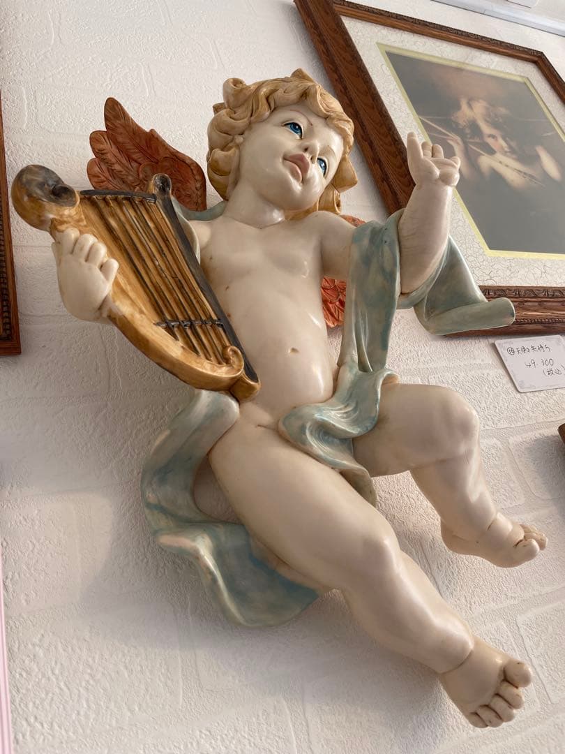 陶器製 天使の像 ハープ付き 約30cm