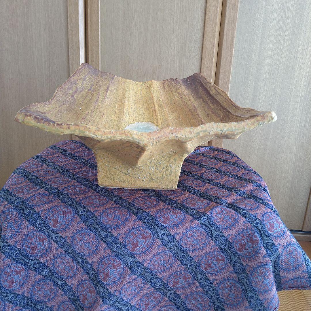 未使用　陶器製 水盤 茶色と白の模様　花器　水盤　華道
