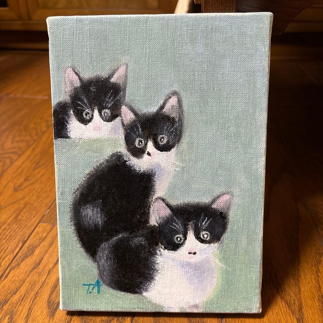 ハチワレ猫　油絵　SM