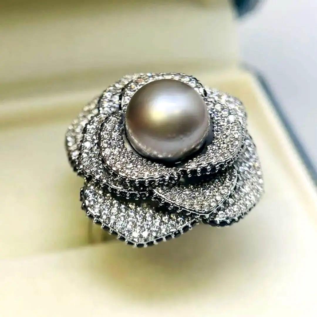 南洋真珠 リング 黑蝶真珠 黒真珠　タヒチ　指輪 プラチナグレー 薔薇