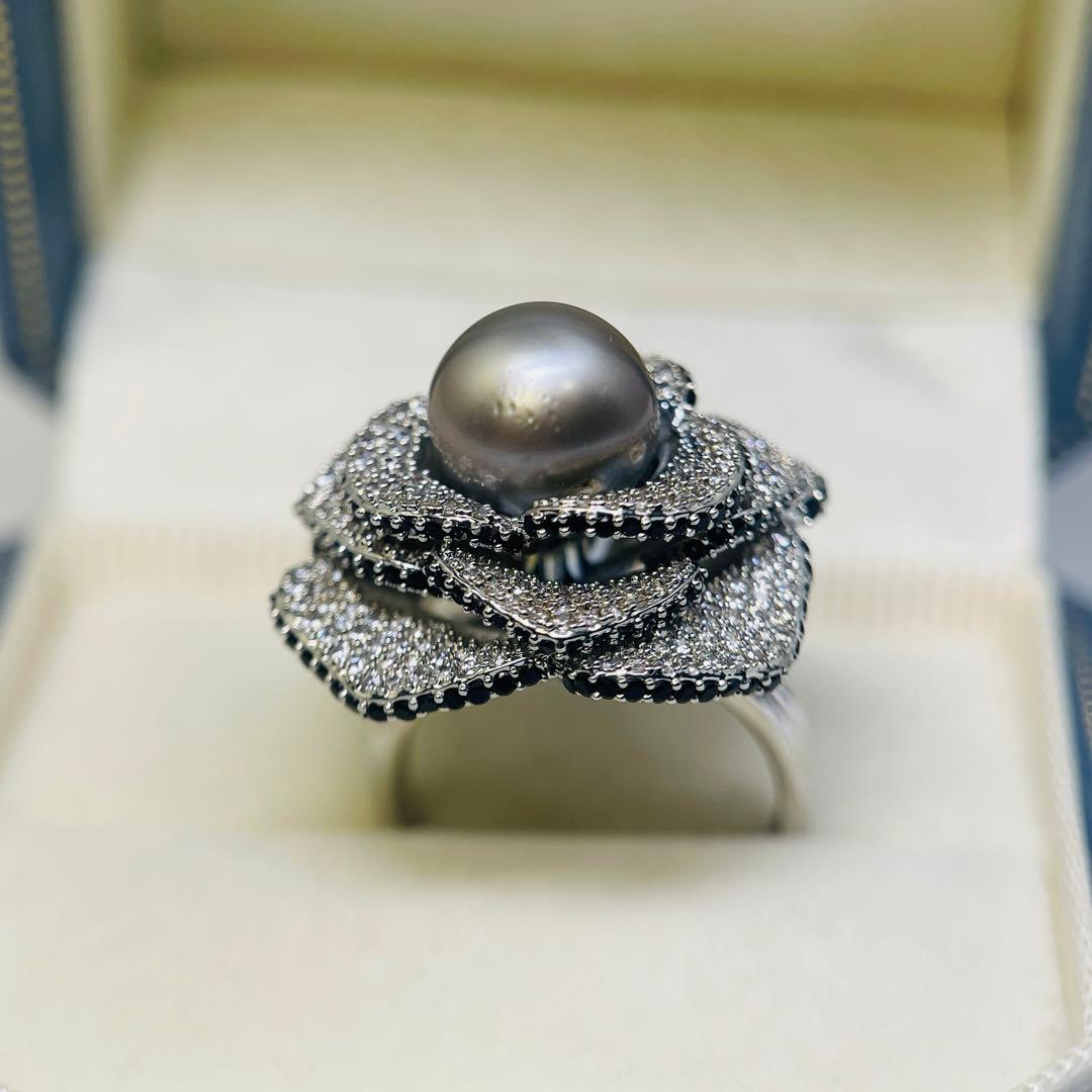 南洋真珠 リング 黑蝶真珠 黒真珠　タヒチ　指輪 プラチナグレー 薔薇