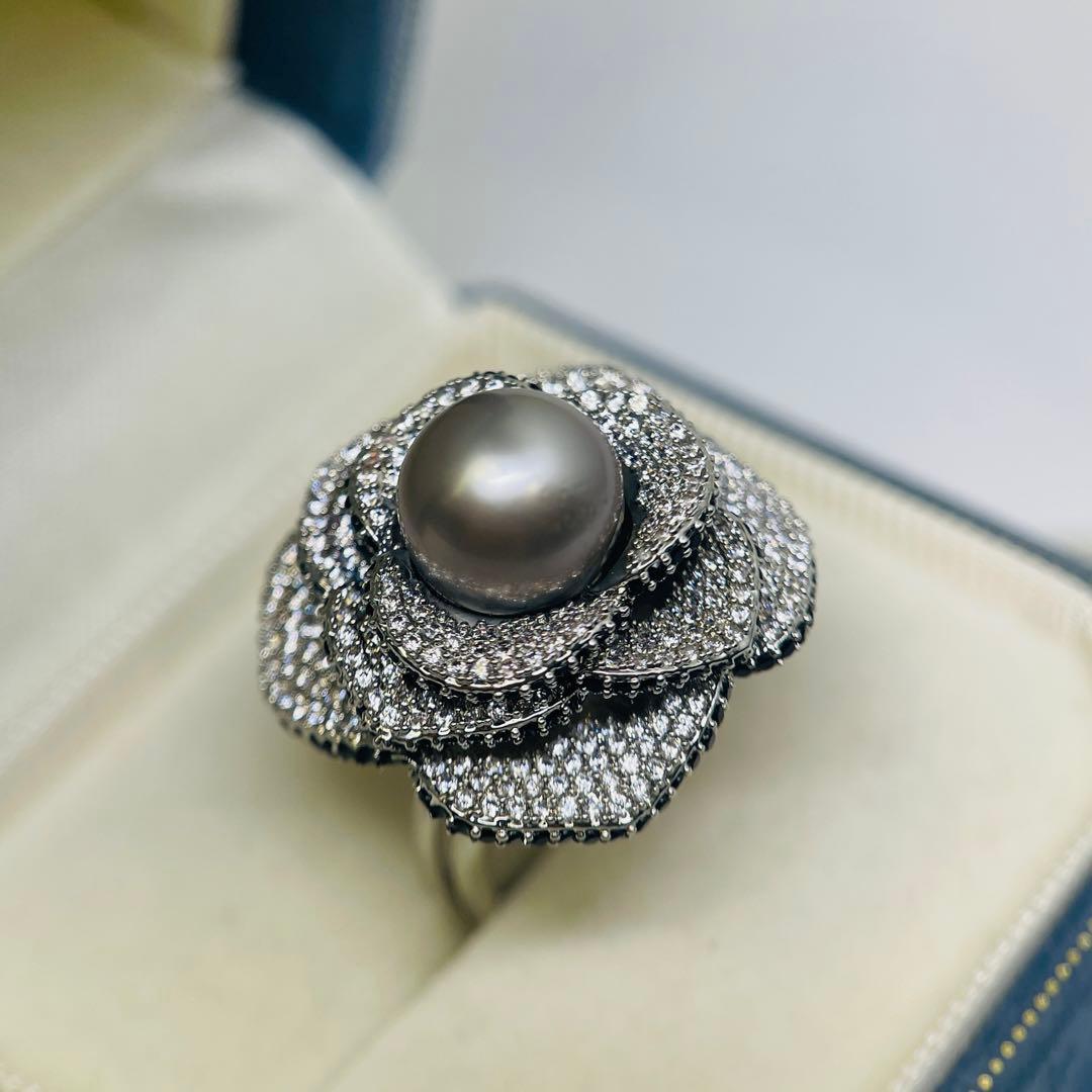 南洋真珠 リング 黑蝶真珠 黒真珠　タヒチ　指輪 プラチナグレー 薔薇