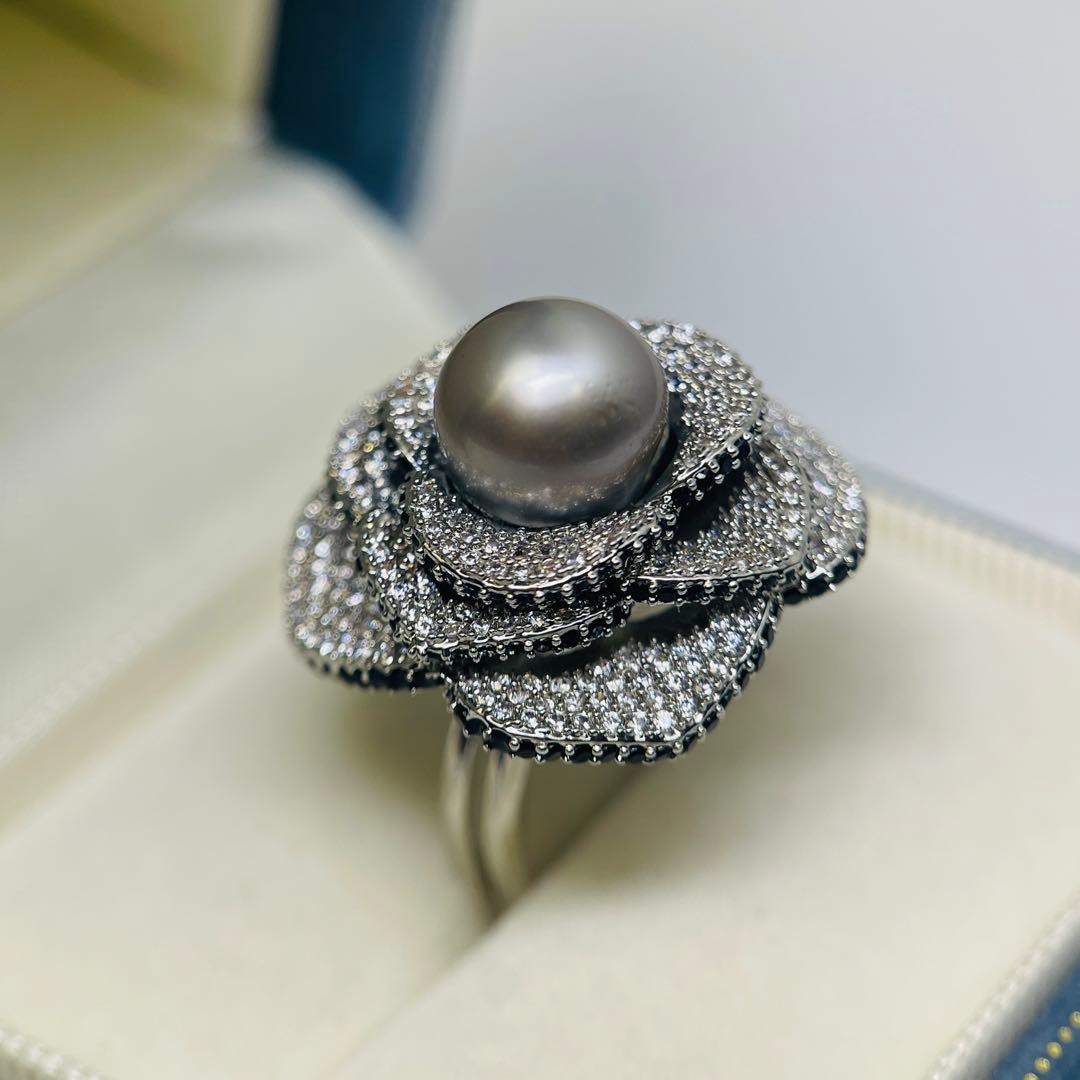 南洋真珠 リング 黑蝶真珠 黒真珠　タヒチ　指輪 プラチナグレー 薔薇