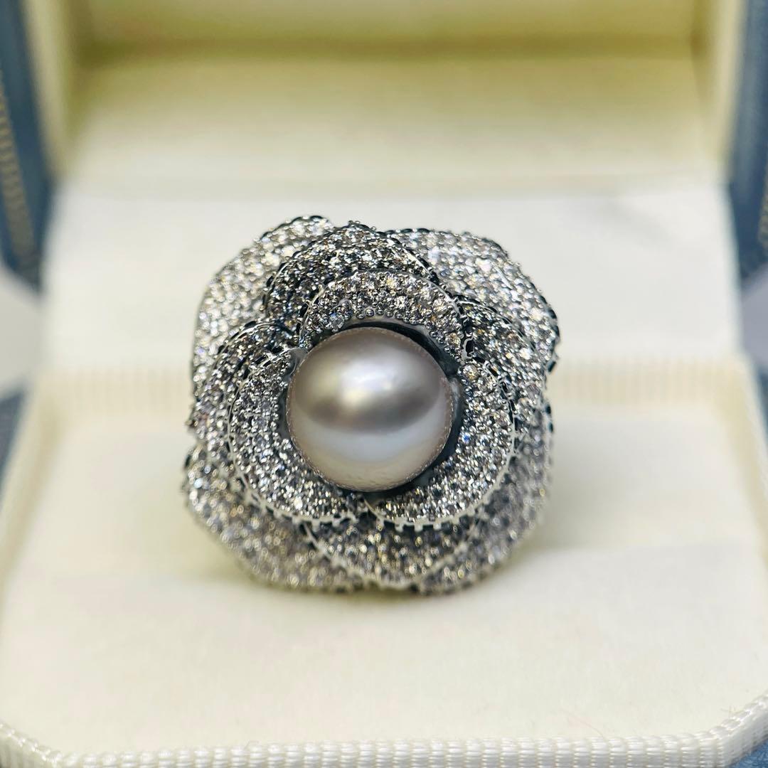 南洋真珠 リング 黑蝶真珠 黒真珠　タヒチ　指輪 プラチナグレー 薔薇