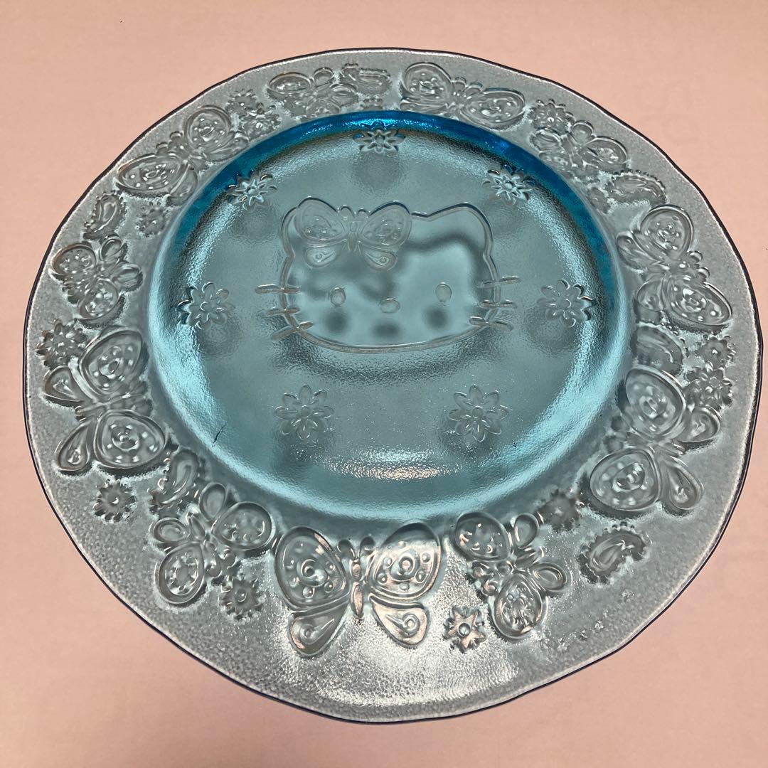 ハローキティ ガラスプレート　大皿　青