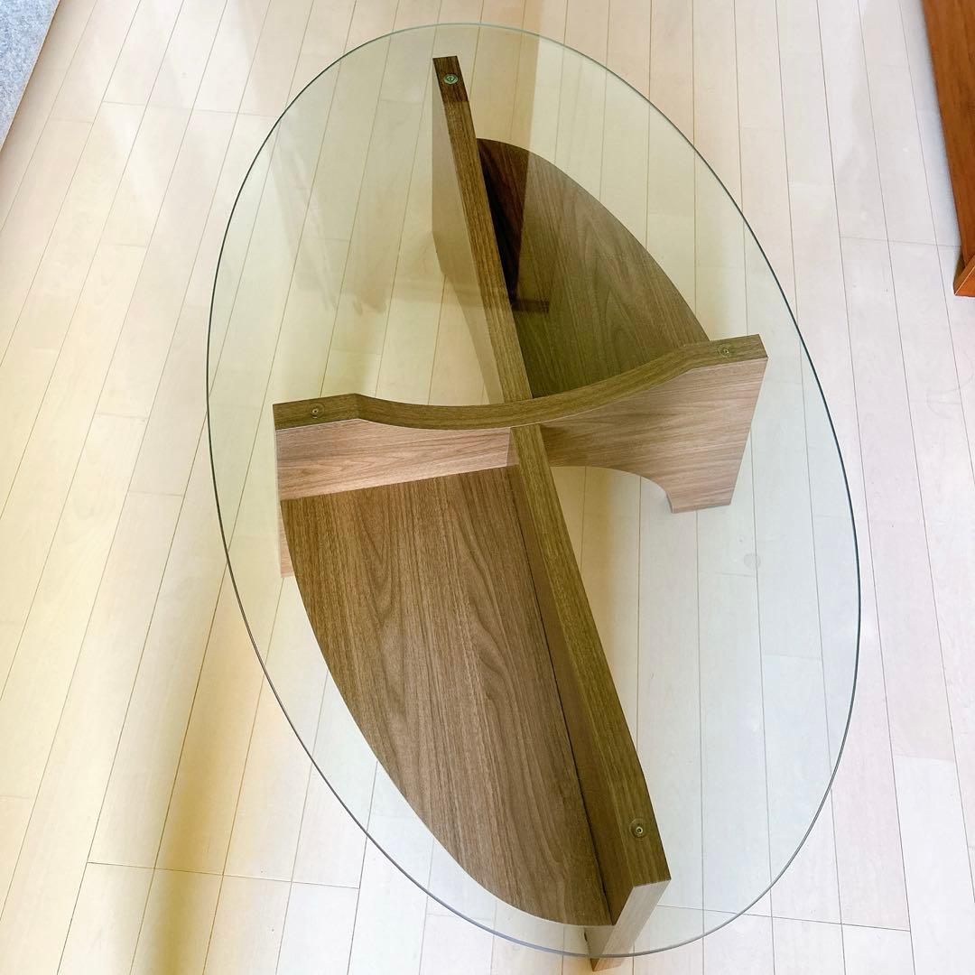 楕円ガラス ローテーブル センターテーブル ブラウン 引取歓迎