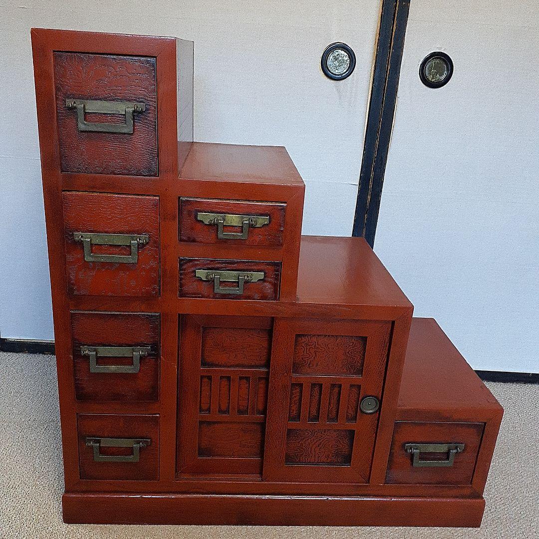 階段箪笥　民芸家具調　四段　両面引き出し　古道具