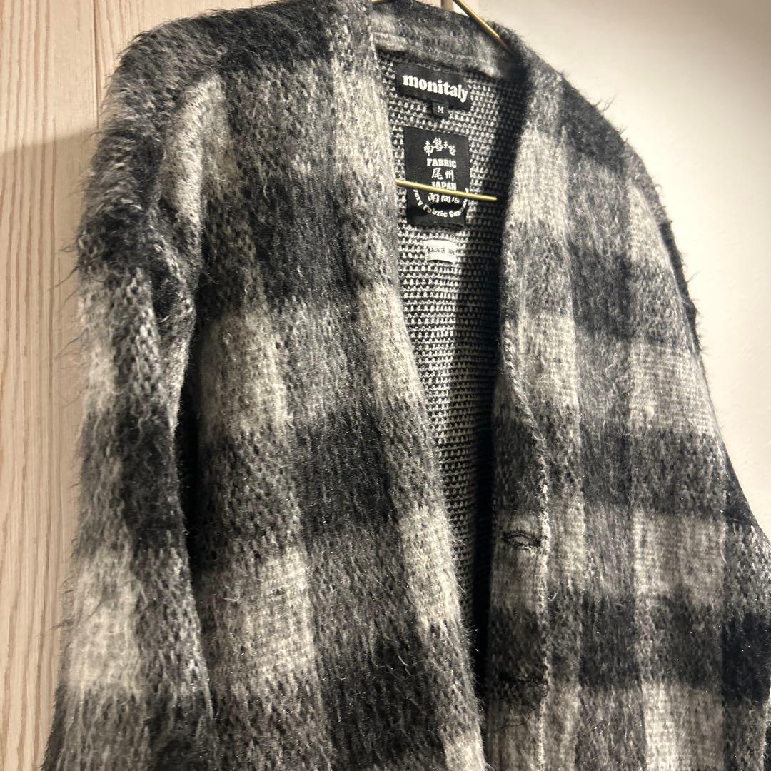 monitaly シャギーニットカーディガン Vネック 長袖 チェック柄 M
