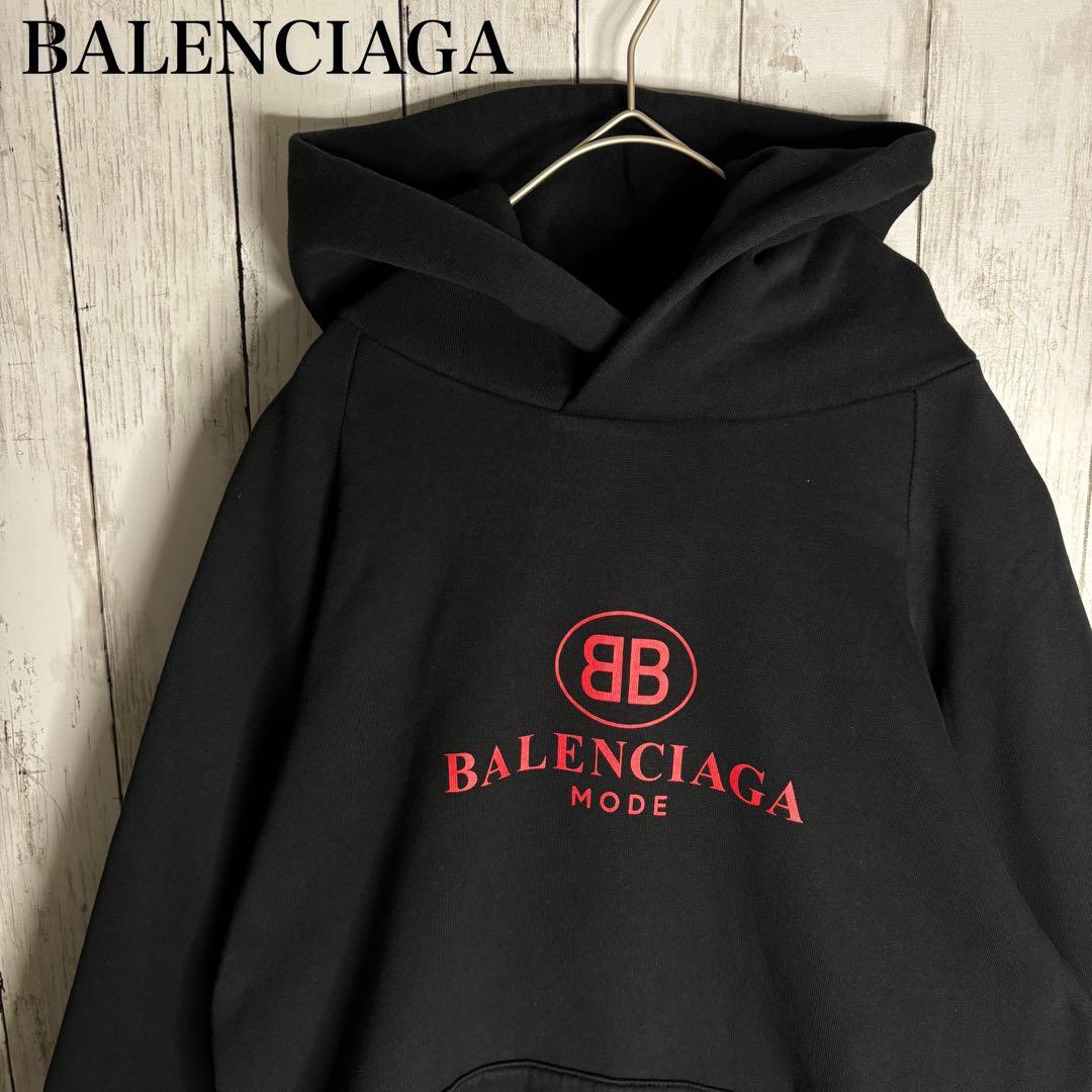 【最高デザイン】バレンシアガ パーカー フーディ 赤ロゴ 黒 Lサイズ
