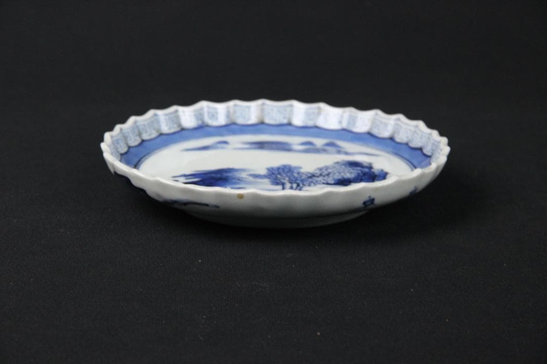 古伊万里 染付 山水図 五枚組 小皿 菓子皿 風景絵 江戸～明治期 Eo21-5