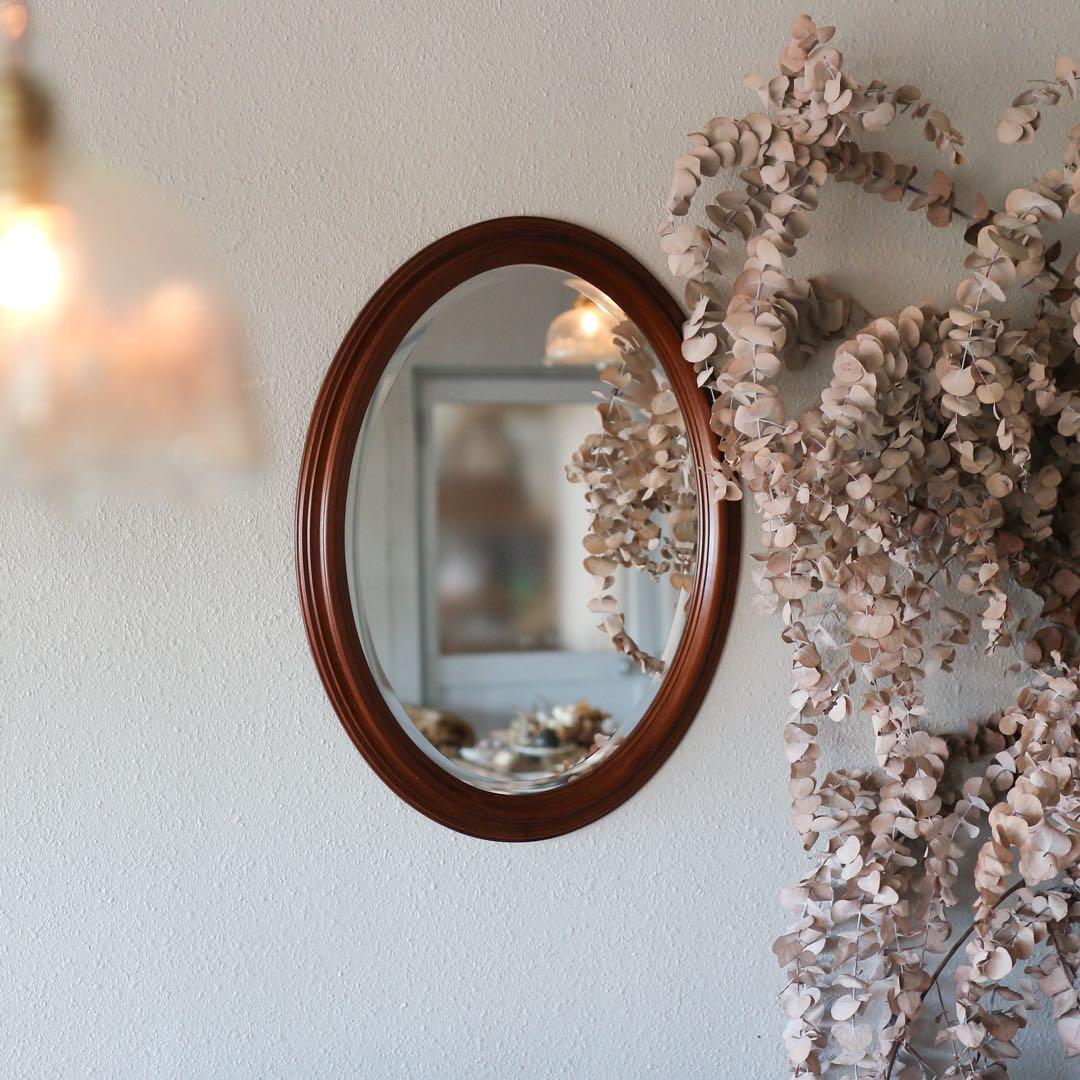 オーバル型 ウォールミラー　ブラウン 木製 楕円形 壁掛け鏡